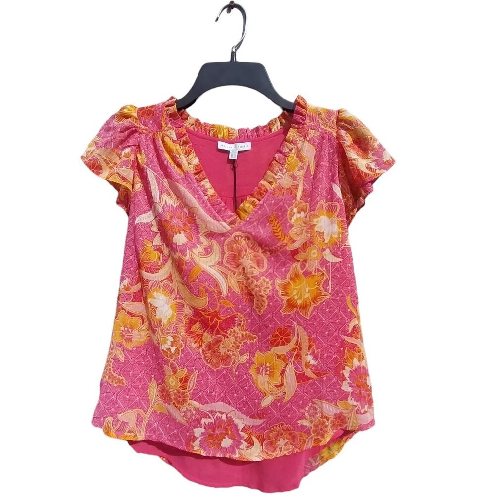 Maison d’Amelie PARIS Floral Shimmery Short Sleeve Summer Blouse Size XS